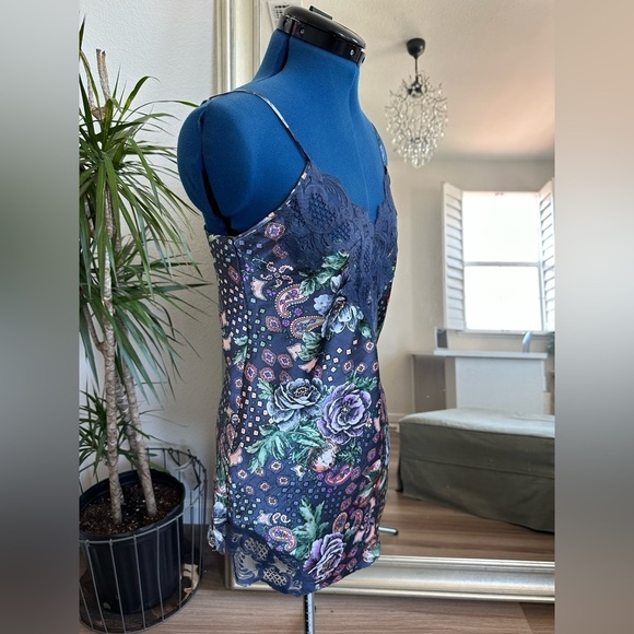 Vintage 90s Victoria's Secret Gold Label Satin Floral Slip Chemise Navy Lace - Picture 6 of 8